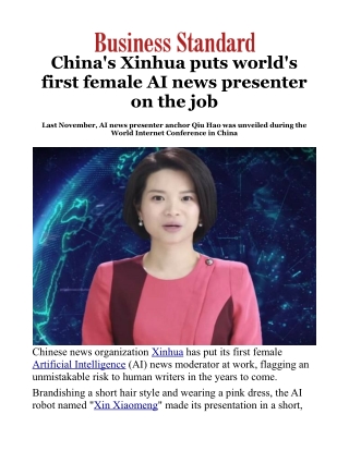 China's Xinhua puts world's first female AI news presenter on the job