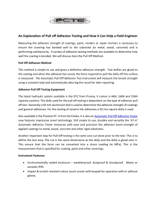 An Explanation of Pull off Adhesion Testing and How it Can Help a Field Engineer