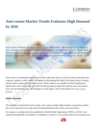 Anti-venom Market to Grow at a High CAGR by 2026