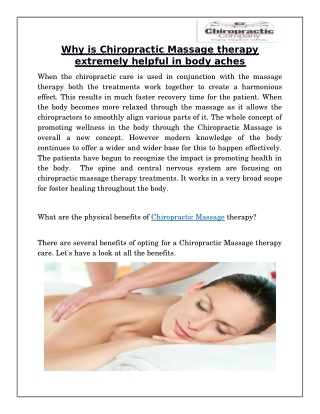 Why is Chiropractic Massage therapy extremely helpful in body aches