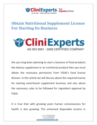 Obtain Nutritional Supplement License For Starting Its Business
