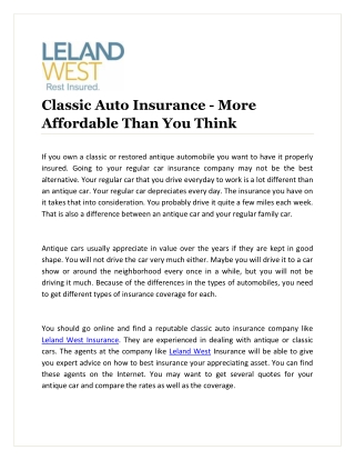 Classic Auto Insurance - More Affordable Than You Think