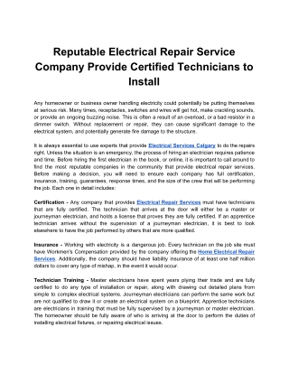 Reputable Electrical Repair Service Company Provide Certified Technicians to Install