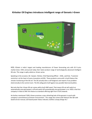 Kirloskar Oil Engines introduces intelligent range of Gensets i-Green