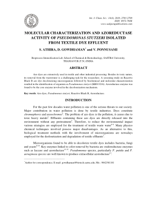 Molecular Characterization and Azoreductase Activity of Pseudomonas Stutzeri Isolated from Textile Dye Effluent