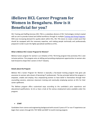 iBelieve HCL Career Program for Women in Bengaluru. How is it Beneficial for you?