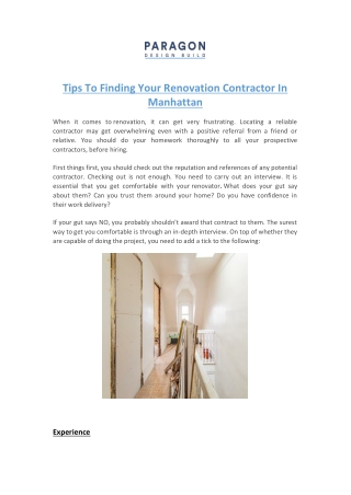 Tips To Finding Your Renovation Contractor In Manhattan