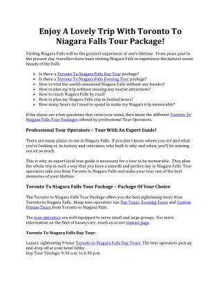 Toronto To Niagara Falls Tour Package