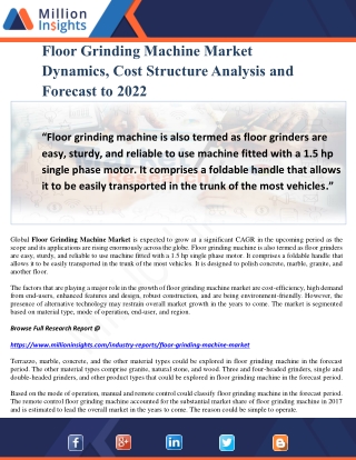 Floor Grinding Machine Market Dynamics, Cost Structure Analysis and Forecast to 2022