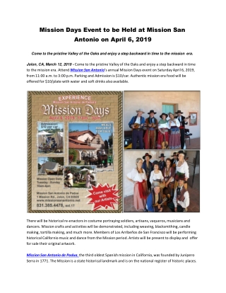 Mission Days Event to be Held at Mission San Antonio on April 6, 2019
