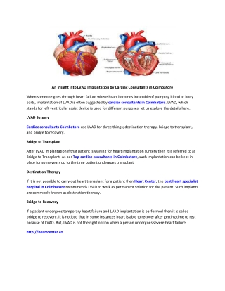 An Insight into LVAD Implantation by Cardiac Consultants in Coimbatore