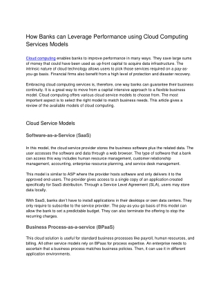 How Banks can Leverage Performance using Cloud Computing Services Models
