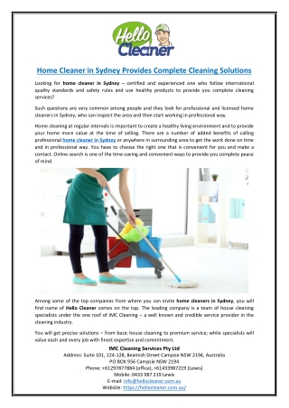 Home Cleaner in Sydney Provides Complete Cleaning Solutions