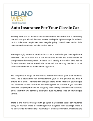Auto Insurance For Your Classic Car