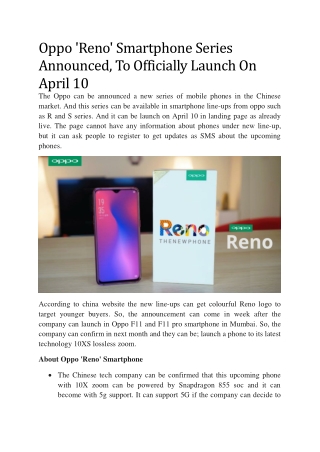 Oppo 'Reno' Smartphone Series Announced, To Officially Launch On April 10