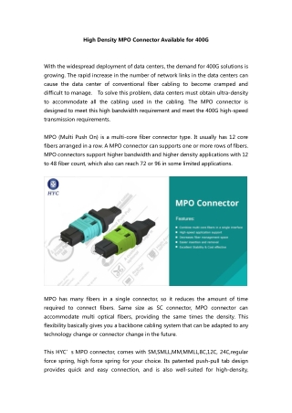 High Density MPO Connector Available for 400G