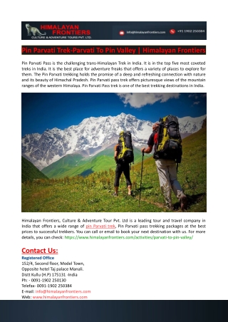 Pin Parvati Trek-Parvati To Pin Valley-Himalayan Frontiers