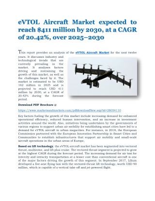 eVTOL Aircraft Market expected to reach $411 million by 2030, at a CAGR of 20.42%, over 2025–2030