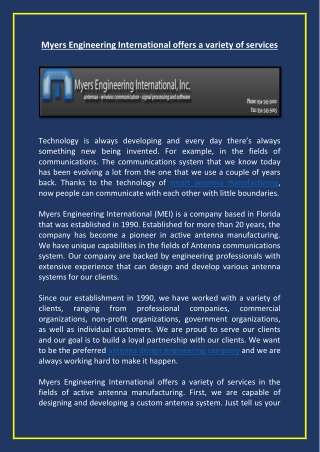 Myers Engineering International offers a variety of services