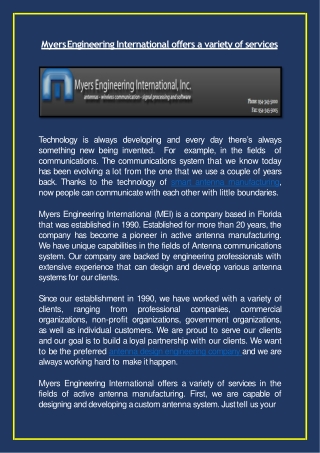 Myers Engineering International offers a variety of services