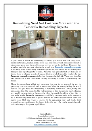 Remodeling Need Not Cost You More with The Temecula Remodeling Experts