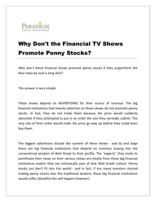 Why Don't the Financial TV Shows Promote Penny Stocks?