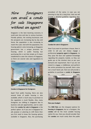 How foreigners can avail a condo for sale Singapore without an agent?