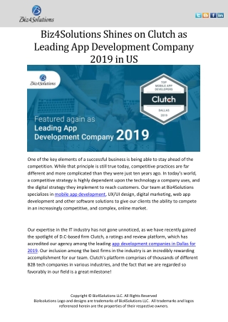 Biz4Solutions Shines on Clutch as Leading App Development Company 2019 in US