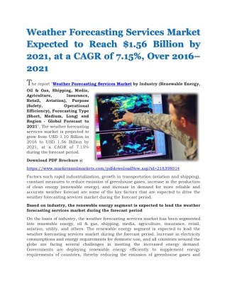 Weather Forecasting Services Market Expected to Reach $1.56 Billion by 2021, at a CAGR of 7.15%, Over 2016–2021