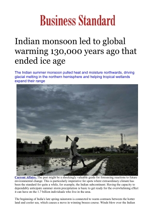 Indian monsoon led to global warming 130,000 years ago that ended ice age