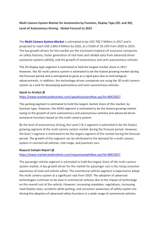 Multi Camera System Market for Automotive by Function, Display Type (2D, and 3D), Level of Autonomous Driving - Global F