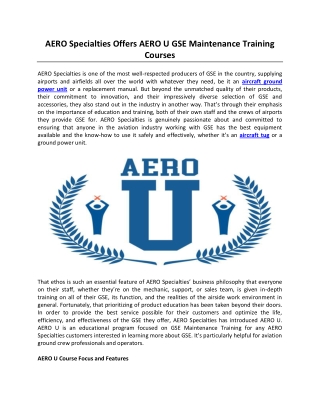 AERO Specialties Offers AERO U GSE Maintenance Training Courses