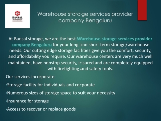 Warehouse storage services provider company Bengaluru