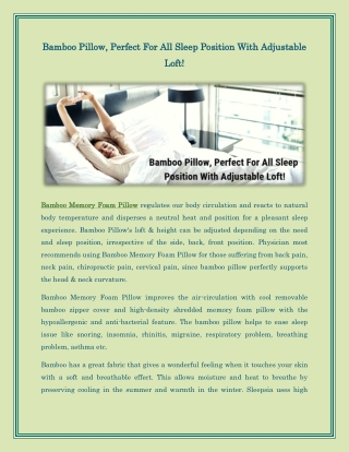 Bamboo Pillow, Perfect For All Sleep Position With Adjustable Loft!