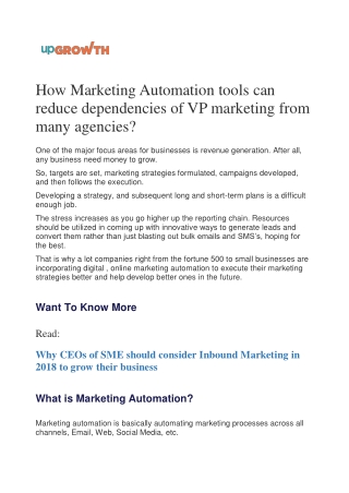 How Marketing Automation tools can reduce dependencies of VP marketing from many agencies?