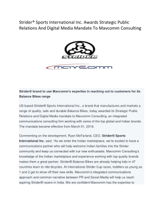 Strider® Sports International Inc. Awards Strategic Public Relations And Digital Media Mandate To Mavcomm Consulting