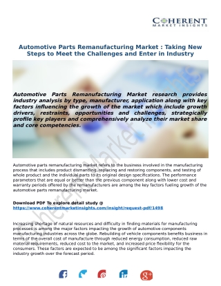 Automotive Parts Remanufacturing Market : Taking New Steps to Meet the Challenges and Enter in Industry