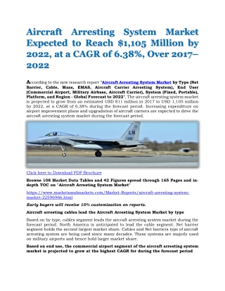 Aircraft Arresting System Market Expected to Reach $1,105 Million by 2022, at a CAGR of 6.38%, Over 2017–2022