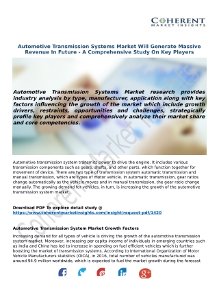 Automotive Transmission Systems Market Will Generate Massive Revenue In Future - A Comprehensive Stu