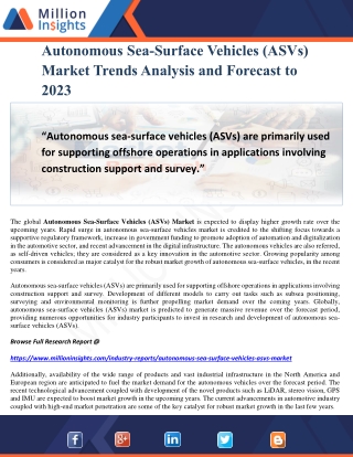 Autonomous Sea-Surface Vehicles (ASVs) Market Trends Analysis and Forecast to 2023