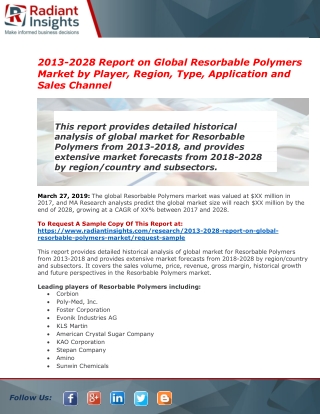 Resorbable Polymers Market Growth by Major Players: Corbion, Poly-Med, Foster