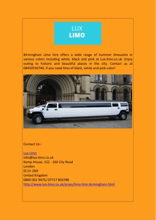 Birmingham Limo Hire at Best Price: Lux-limo.co.uk