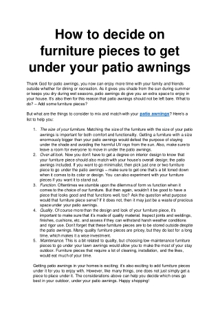 How to decide on furniture pieces to get under your patio awnings
