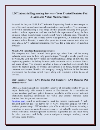 LNT Industrial Engineering Services – Your Trusted Demister Pad & Ammonia Valves Manufacturers