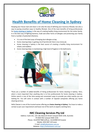 Health Benefits of Home Cleaning in Sydney
