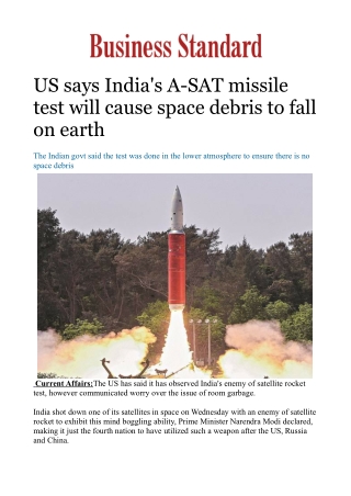 US says India's A-SAT missile test will cause space debris to fall on earth