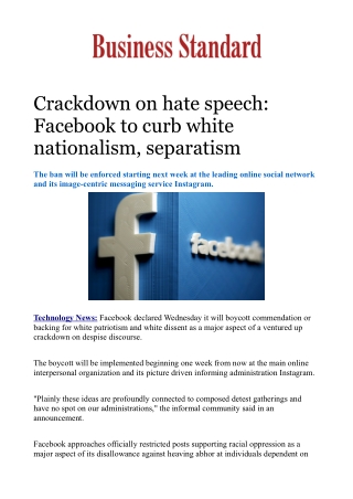 Crackdown on hate speech: Facebook to curb white nationalism, separatism