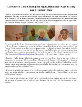 Alzheimer’s Care: Finding the Right Alzheimer’s Care Facility and Treatment Plan