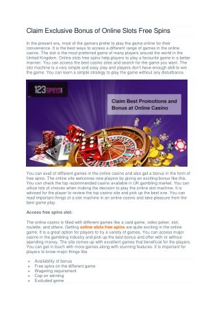 Claim Exclusive Bonus of Online Slots Free Spins at Online Casino