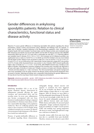 Gender differences in ankylosing spondylitis patients: Relation to clinical characteristics, functional status and disea
